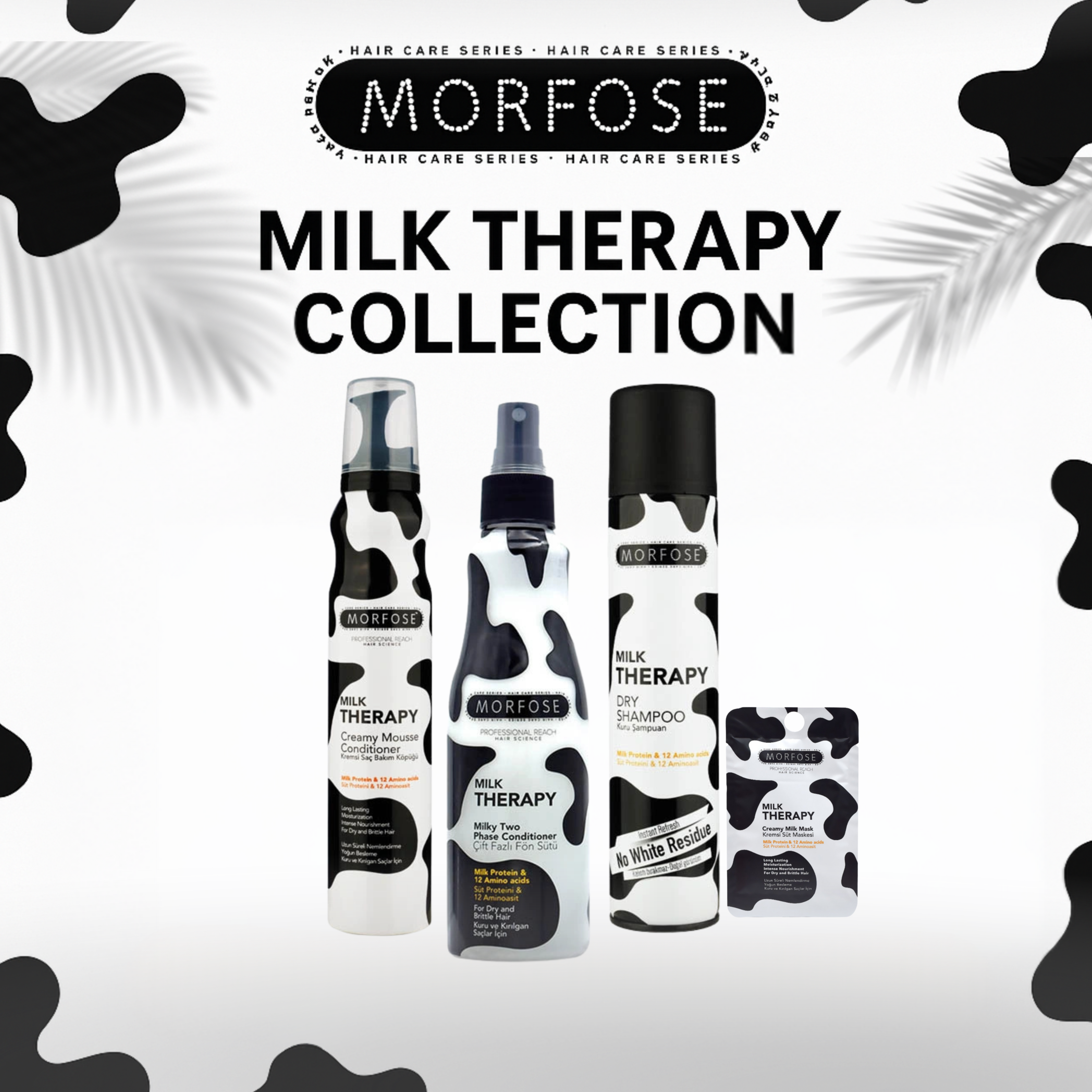 Morfose Milk Therapy Collection with bottles and packaging on a cow patterned background