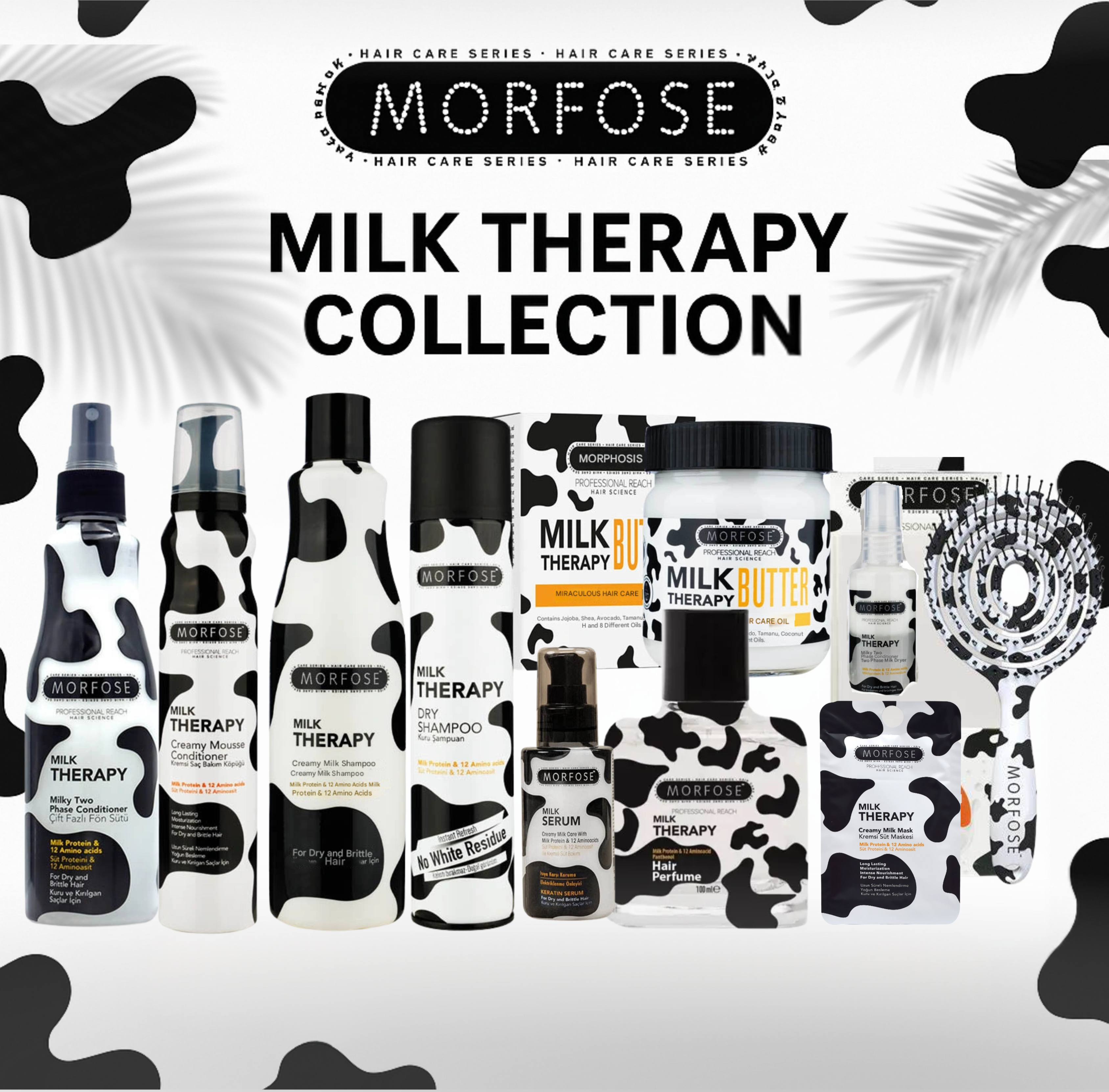 Morfose Milk Therapy Collection with various hair care products on a cow print background