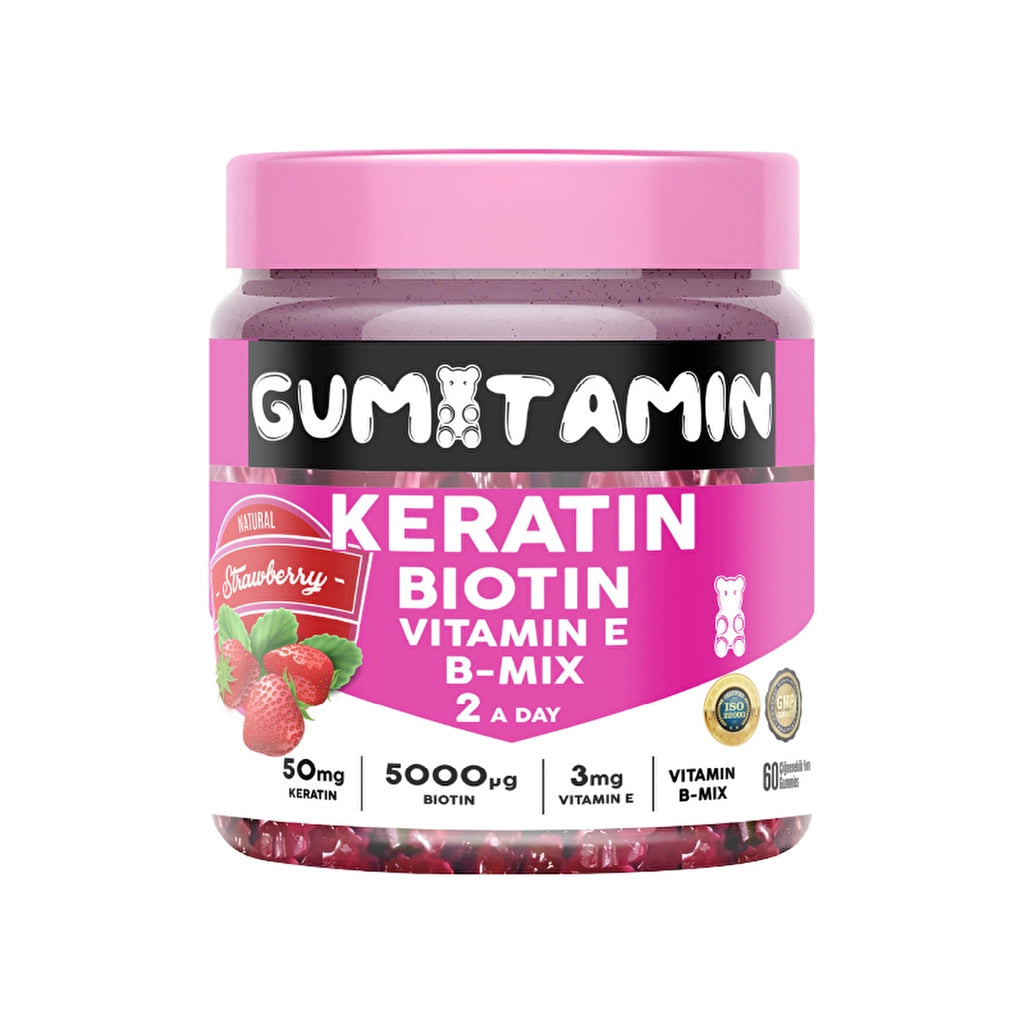 Gumitamin Keratin Hair and Nail Vitamin 60 Tablets (Gummy, Biotin 5000, Zinc, E, B12, B6, B5)