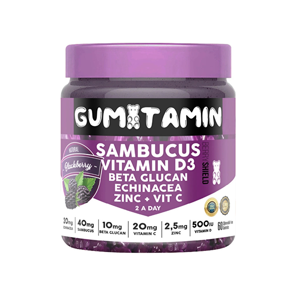 Gumitamin Sambucus Multivitamin 60 Tablets (Gummy Black Elderberry, Vitamin C + D3, Zinc, Beta Glucan Natural Blackberry Flavor)