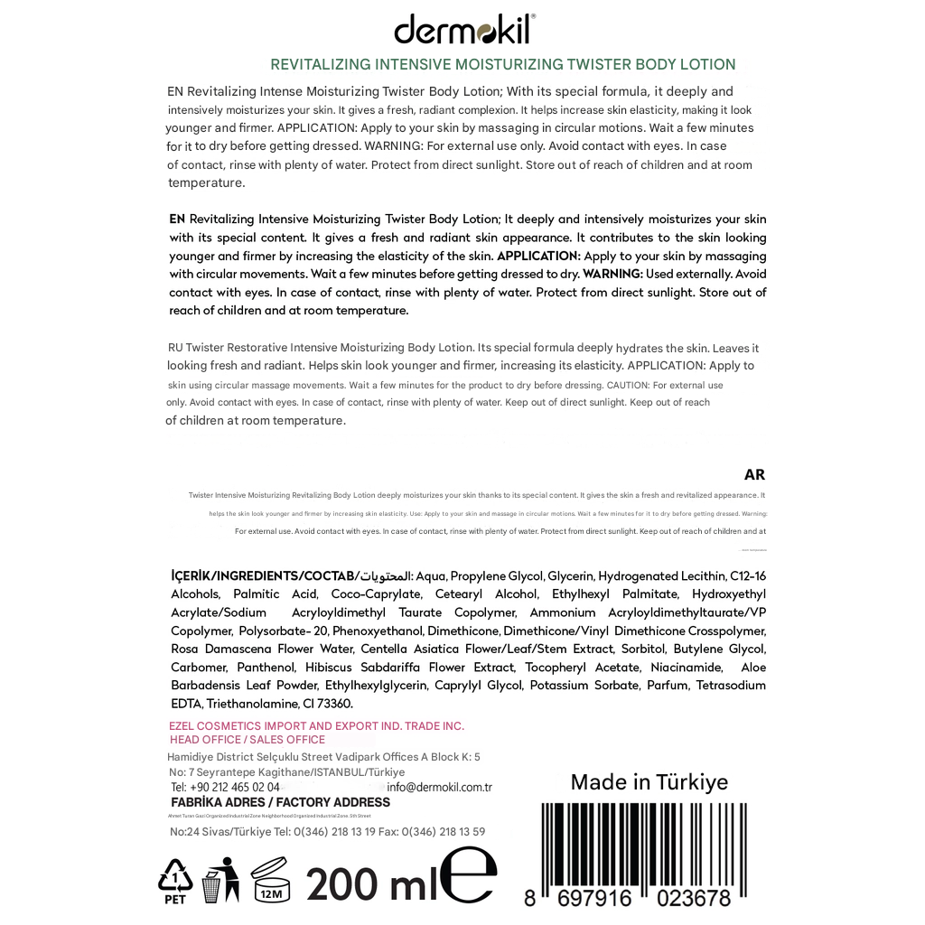 Dermokil 100% Natural Rose Water Revitalizing Intensive Moisturizing Twister Body Lotion 200 ml